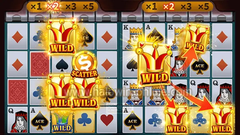 jiligames Super Ace actual gameplay board showing card elimination cascade and active win multipliers